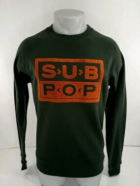 Sub Pop Olive Green Crewneck Sweatshirt with Orange Fuzz Logo